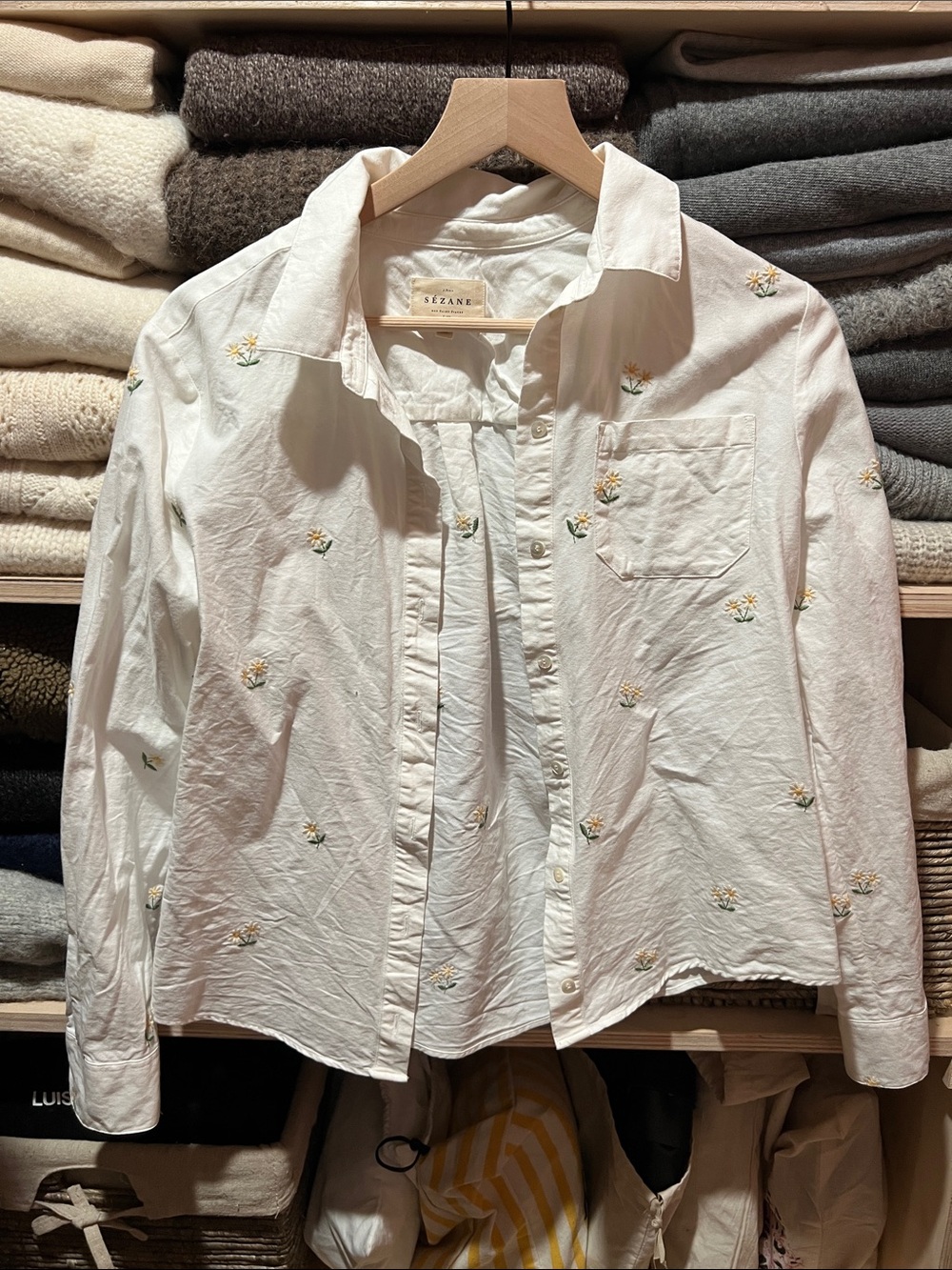 Sezane White Button-Down Shirt with Yellow & Green Floral Embroidery size 36